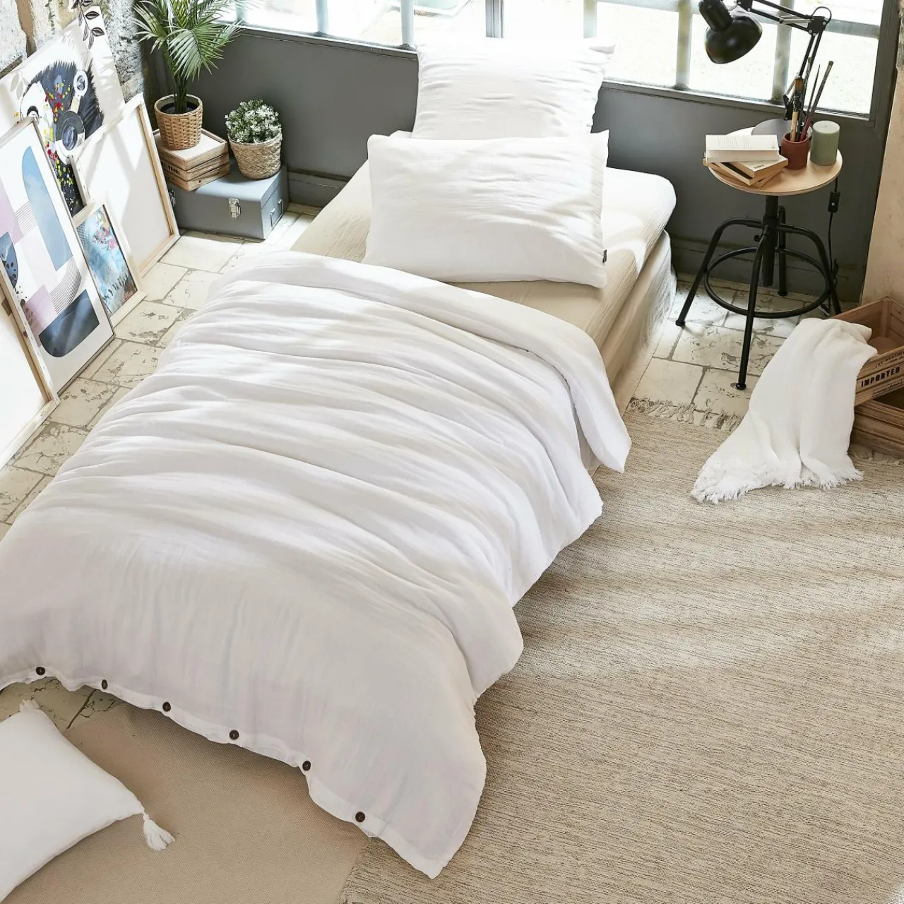 Housse De Couette|EMINZA Housse de couette gaze de coton (140 x 200 cm) Gaïa chantilly Blanc