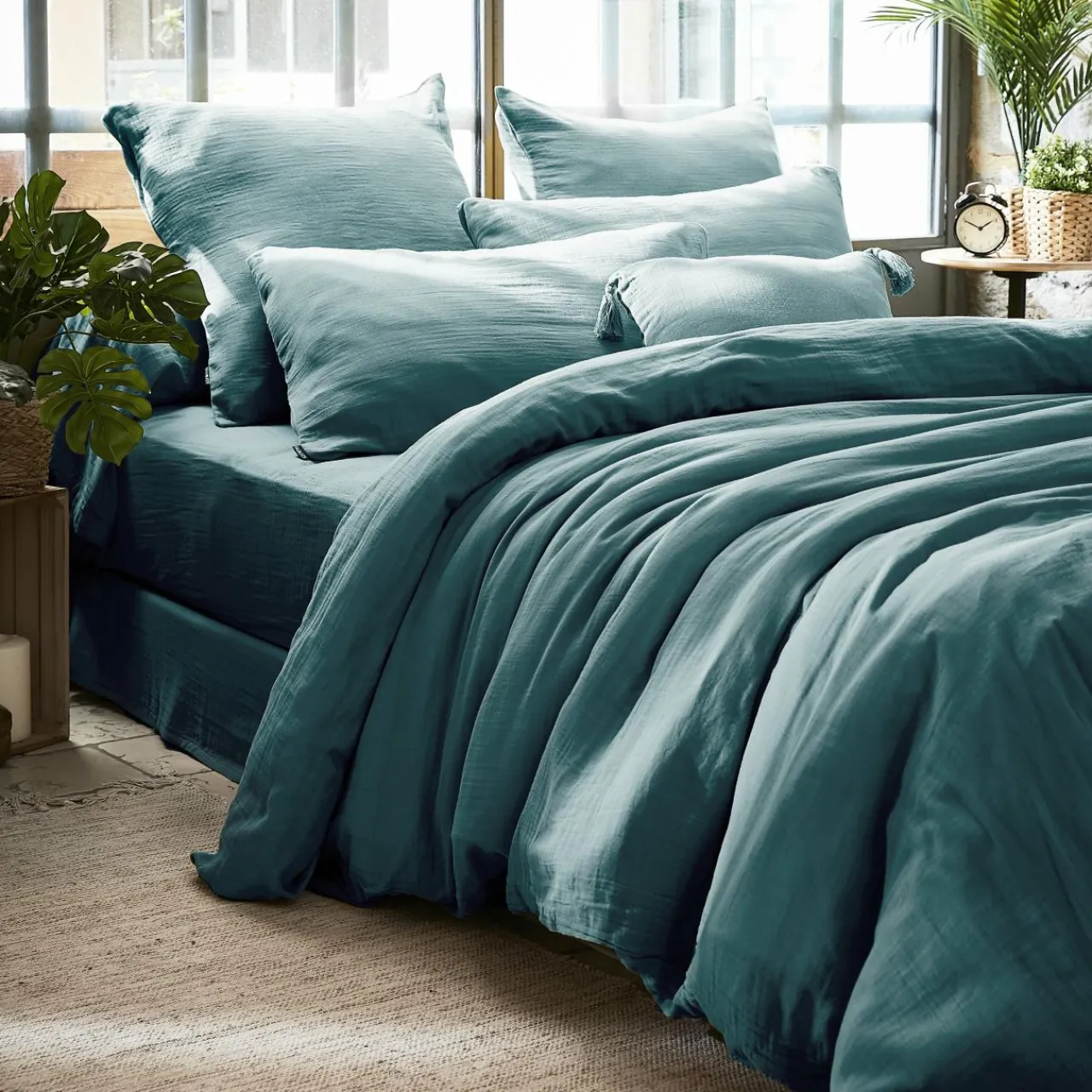 Housse De Couette|EMINZA Housse de couette gaze de coton (280 x 240 cm) Gaïa Bleu canard