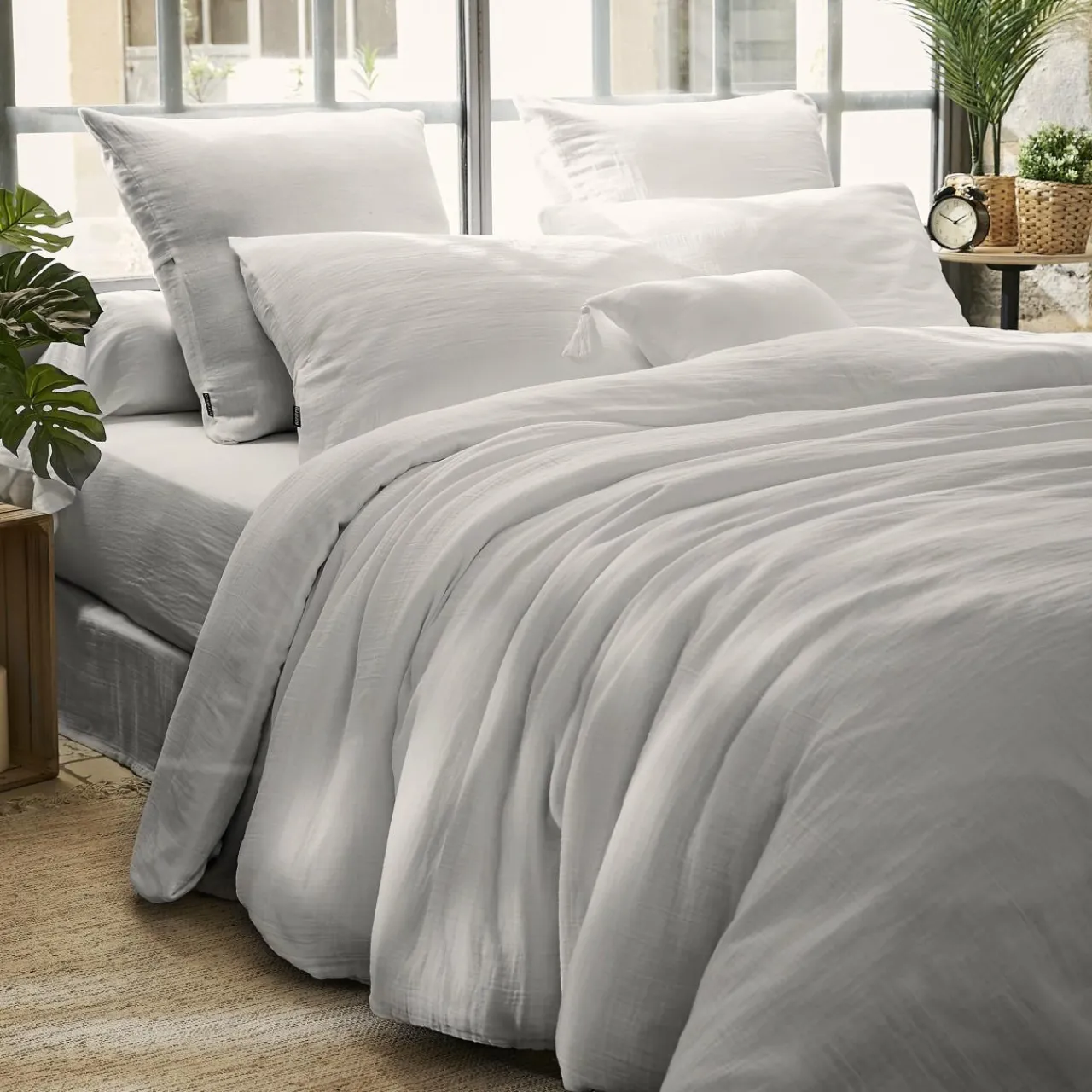 Housse De Couette|EMINZA Housse de couette gaze de coton (240 x 220 cm) Gaïa Gris nuage Gris clair