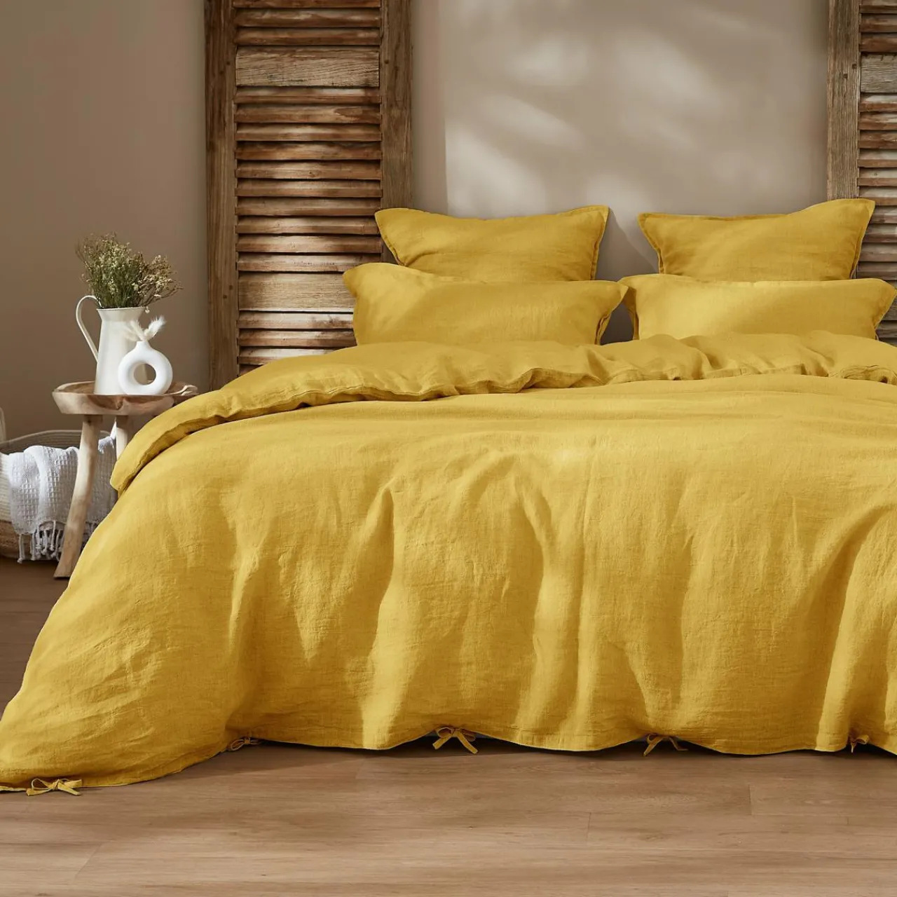 Housse De Couette|EMINZA Housse de couette lin lavé (260 x 240 cm) Louise Jaune moutarde