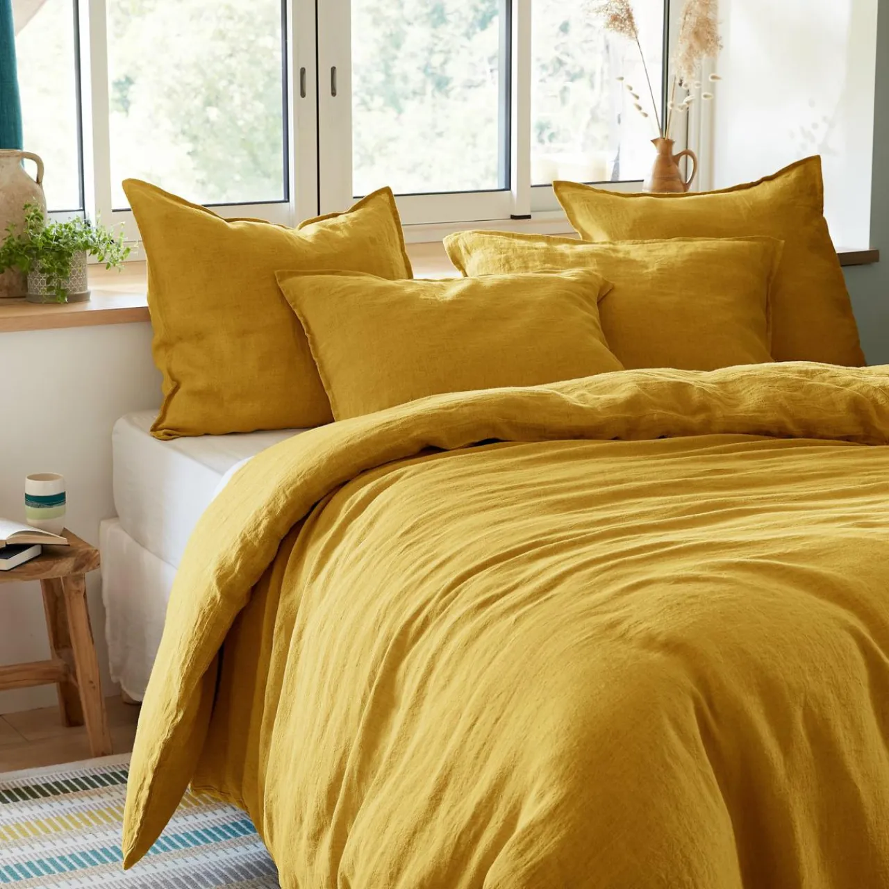 Housse De Couette|EMINZA Housse de couette lin lavé (260 x 240 cm) Louise Jaune moutarde