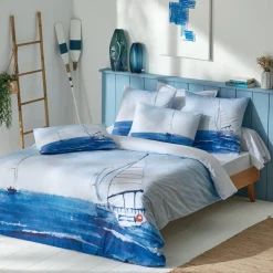 Housse De Couette|TRADI LINGE Housse de couette percale de coton (240 x 220 cm) Regate e Bleu