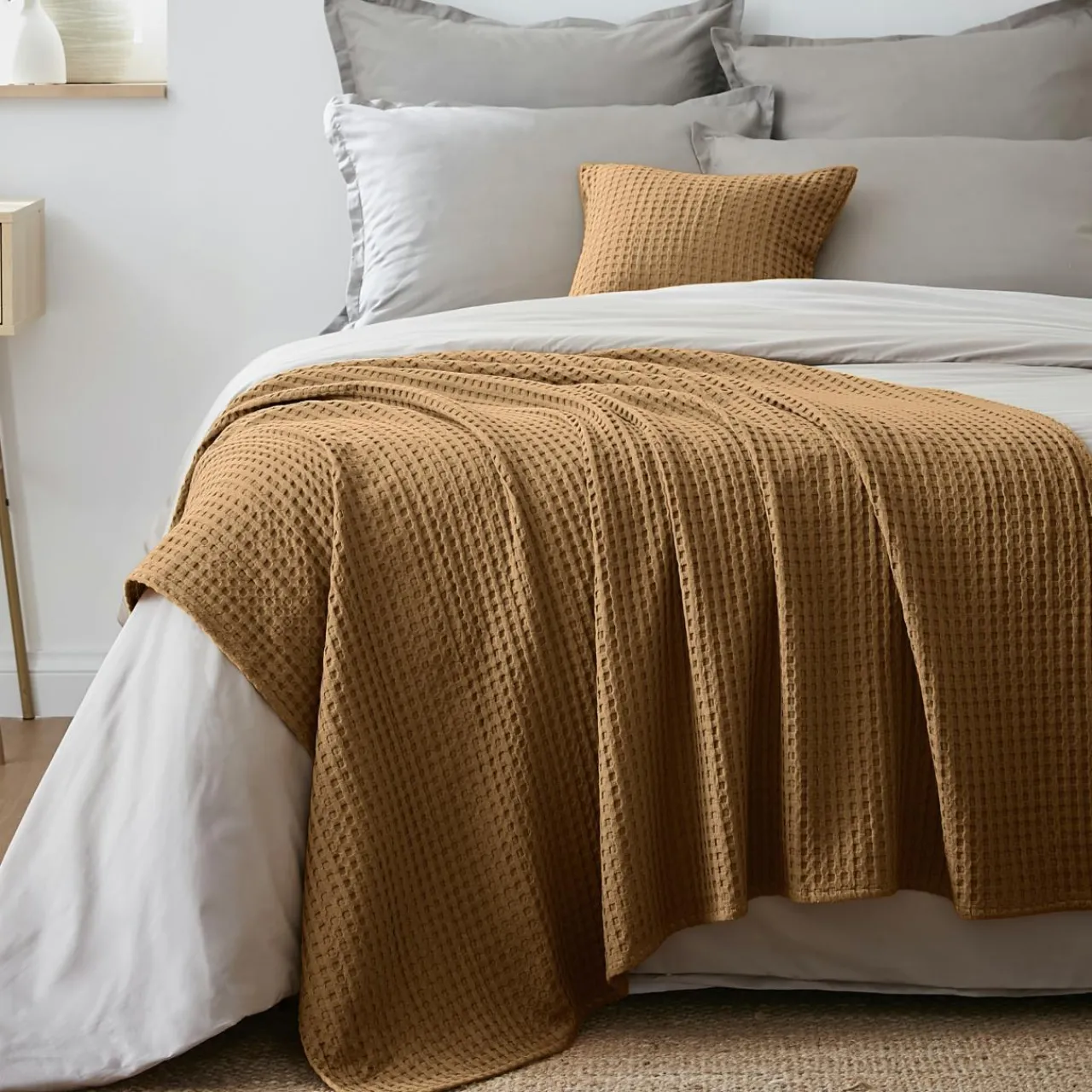 Plaid Et Jeté|Couvre-Lit Et Édredon|EMINZA Jeté de lit coton nid d'abeille (130 x 160 cm) Maya Camel