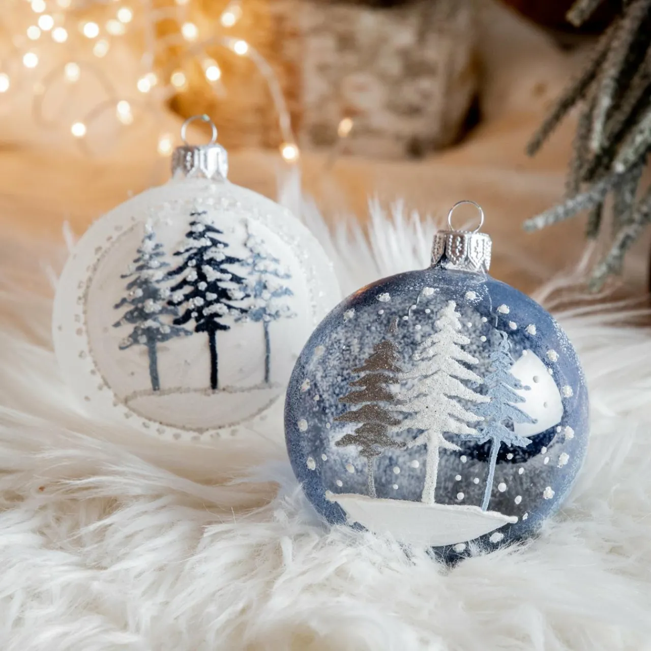Boule De Noël|KAEMINGK Lot de 6 boules de Noël (D80 mm) en verre Forêt de sapins Bleu