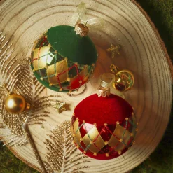 Boule De Noël|KAEMINGK Lot de 6 boules de Noël en verre (D80 mm) Carreaux de velours Bordeaux et vert sapin Rouge