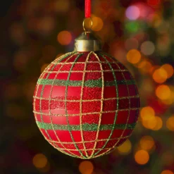 Boule De Noël|KAEMINGK Lot de 3 boules de Noël en verre (D80 mm) Carreaux paillettés Rouge