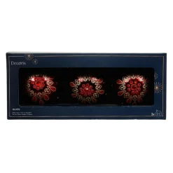 Boule De Noël|KAEMINGK Lot de 3 boules de Noël en verre (D80 mm) Folk Flower Rouge