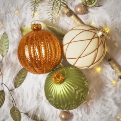 Boule De Noël|KAEMINGK Lot de 12 boules de Noël en verre (D100 mm) Rêverie Blanc laine, et Vert romarin Cognac