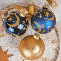 Boule De Noël|KOOPMAN Lot de 12 boules de Noël en verre (D80 mm) Moon nuit et doré Bleu