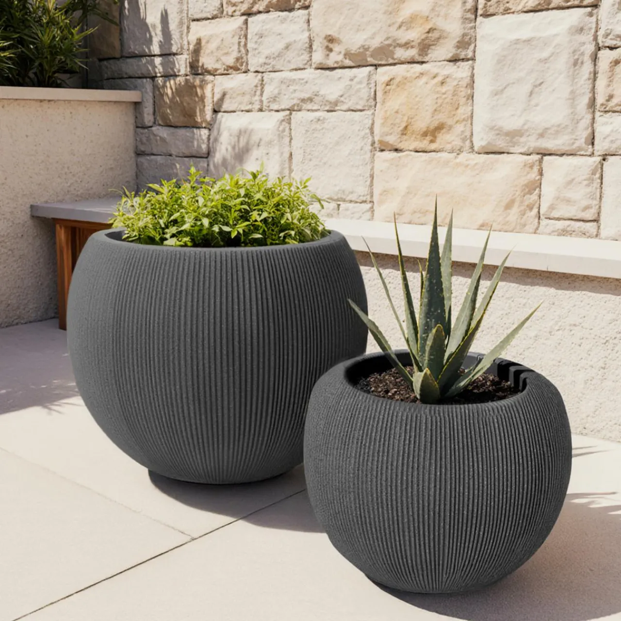 Déco Extérieur Et Cache-Pot|Déco Extérieur Et Cache-Pot|EMINZA Lot de 2 cache-pots d'extérieur ronds (H41-30 cm) Lennox strié Gris Anthracite
