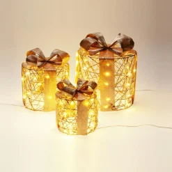 Déco Et Objet Lumineux|KOOPMAN Lot de 3 cadeaux lumineux à piles 135 LED (H25 cm) Rond et chic Blanc Chaud doré