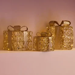 Déco Et Objet De Noël|Déco Et Objet Lumineux|EMINZA Lot de 3 cadeaux lumineux à piles 30 LED (H30 cm) Féerie et Blanc chaud Or