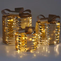 Déco Et Objet De Noël|Déco Et Objet Lumineux|KOOPMAN Lot de 3 cadeaux lumineux 135 LED (H25 cm) Rond et chic Or