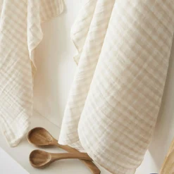 Accessoire Cuisine|EMINZA Lot de 2 essuie-main gaze de coton (50 x 70 cm) Gaïa vichy Beige
