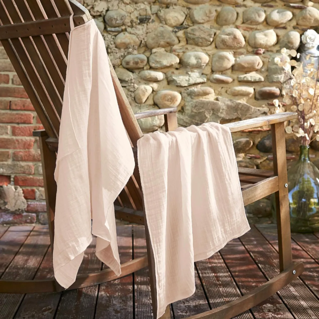 Accessoire Cuisine|EMINZA Lot de 2 essuie-mains gaze de coton (70 cm) Gaïa Rose poudré