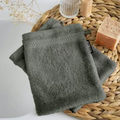 Linge De Bain|Gant De Toilette|EMINZA Lot de 2 gants de toilette coton bio (15 x 21 cm) Méline Vert romarin