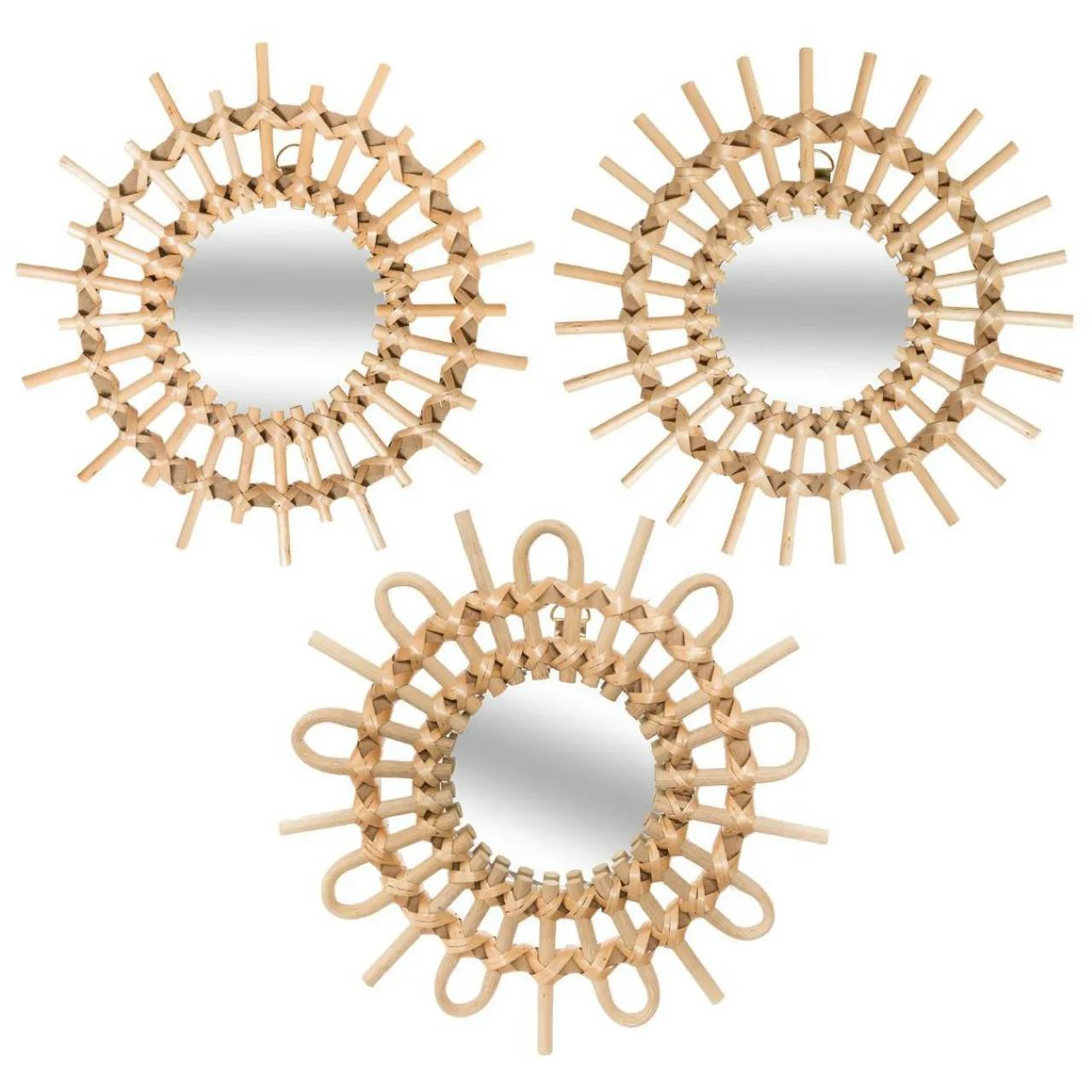 Miroir|ATMOSPHERA Lot de 3 miroirs (D28 cm) Soleil Rotin Naturel