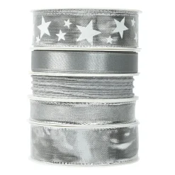 Déco De Table|KAEMINGK Lot de 5 rubans de Noël 3 m - Satin et étoiles Argent métalisé Gris