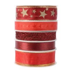 Déco De Table|KAEMINGK Lot de 5 rubans de Noël 3 m - Satin et étoiles Rouge