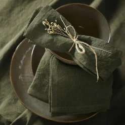 Serviette De Table|EMINZA Lot de 3 serviettes lin lavé (40 x 40 cm) Louise Vert romarin