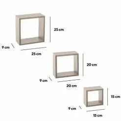 Étagère Murale|ATMOSPHERA Lot de 3 étagères bois (H15-20-25 cm) Cube Gris Gris clair