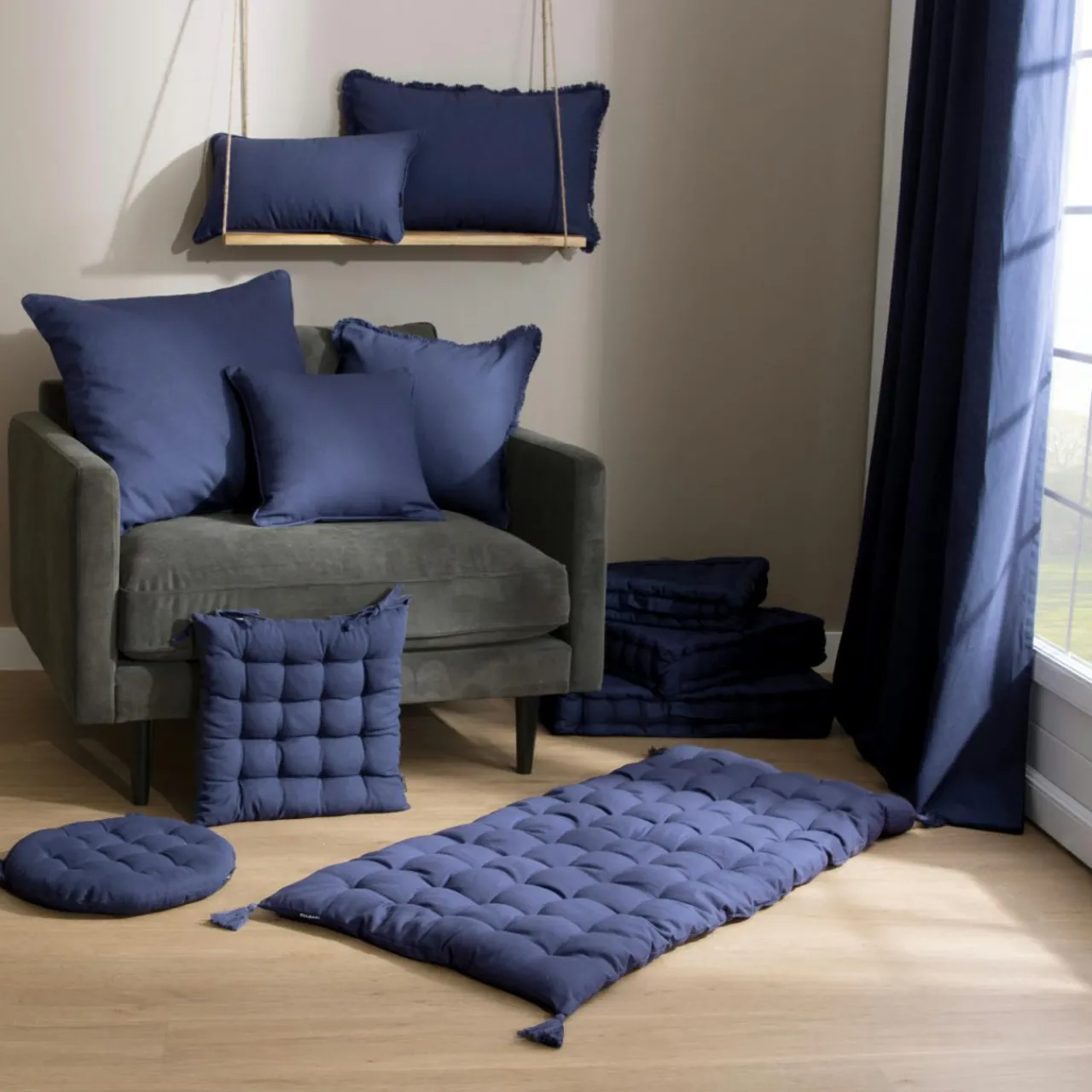 Coussin De Sol|EMINZA Matelas de sol coton (120 x 60 cm) Pixel Bleu marine