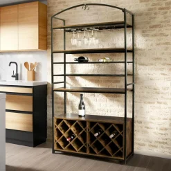Range Bouteilles|EMINZA Meuble range-bouteilles industriel 32 emplacements et porte-verres (H180 cm) Marceau Marron