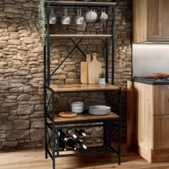 Range Bouteilles|EMINZA Meuble range-bouteilles industriel 10 emplacements et porte-verres (H178 cm) Léon Marron