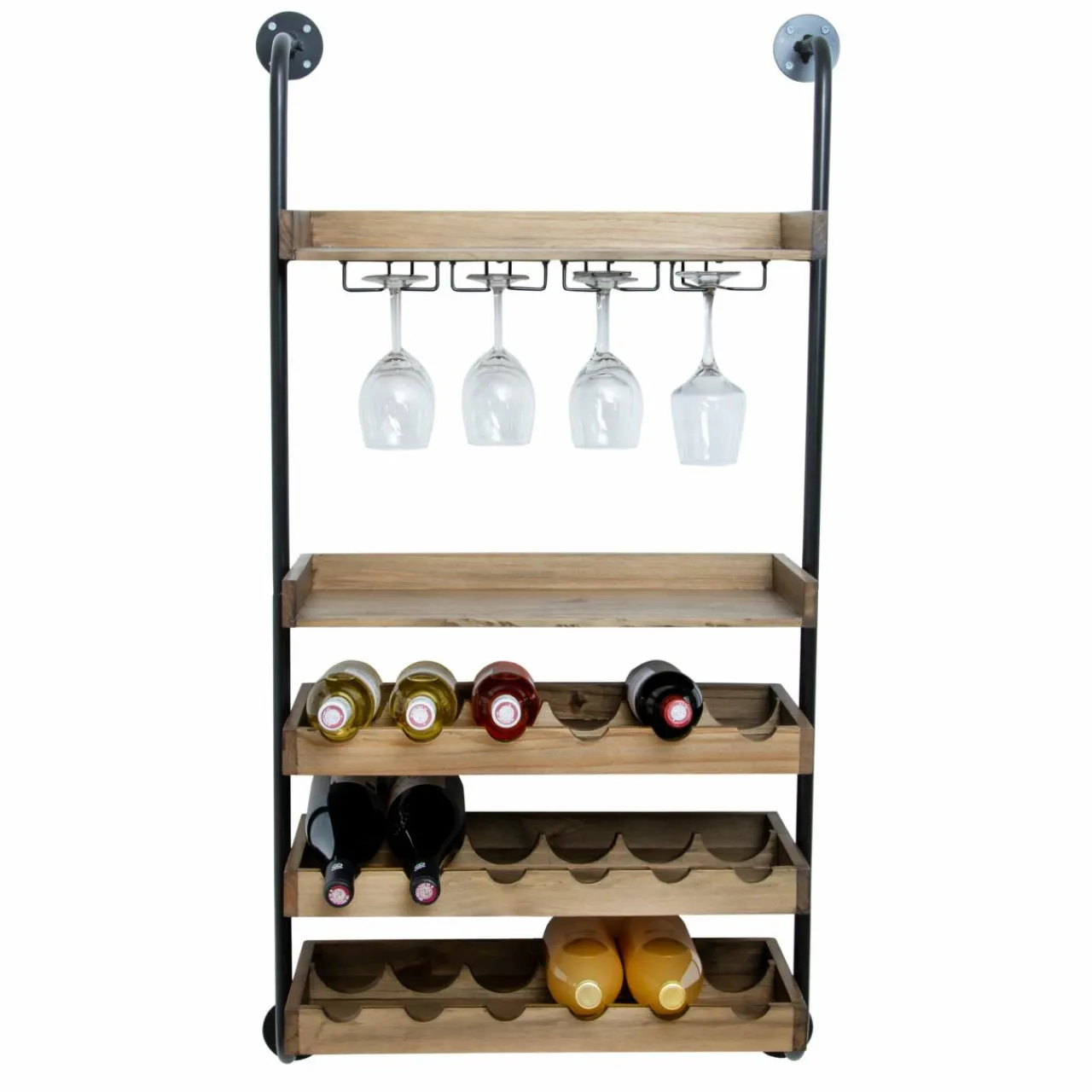 Range Bouteilles|EMINZA Meuble range-bouteilles mural et métal 18 emplacements et porte-verres (H120 cm) Isaac Marron Bois