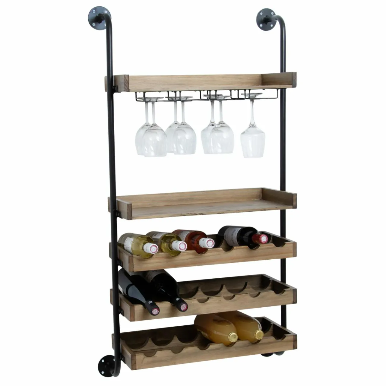 Range Bouteilles|EMINZA Meuble range-bouteilles mural et métal 18 emplacements et porte-verres (H120 cm) Isaac Marron Bois