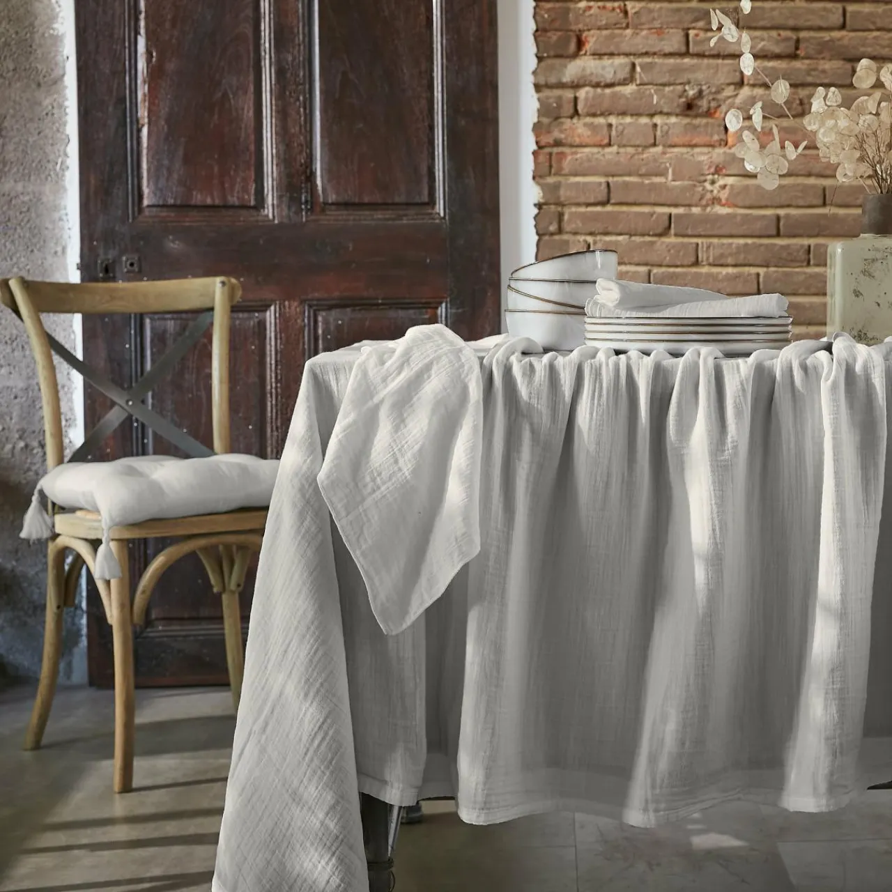 Nappe De Table|EMINZA Nappe rectangulaire gaze de coton (150 x 350 cm) Gaïa Gris nuage Gris clair