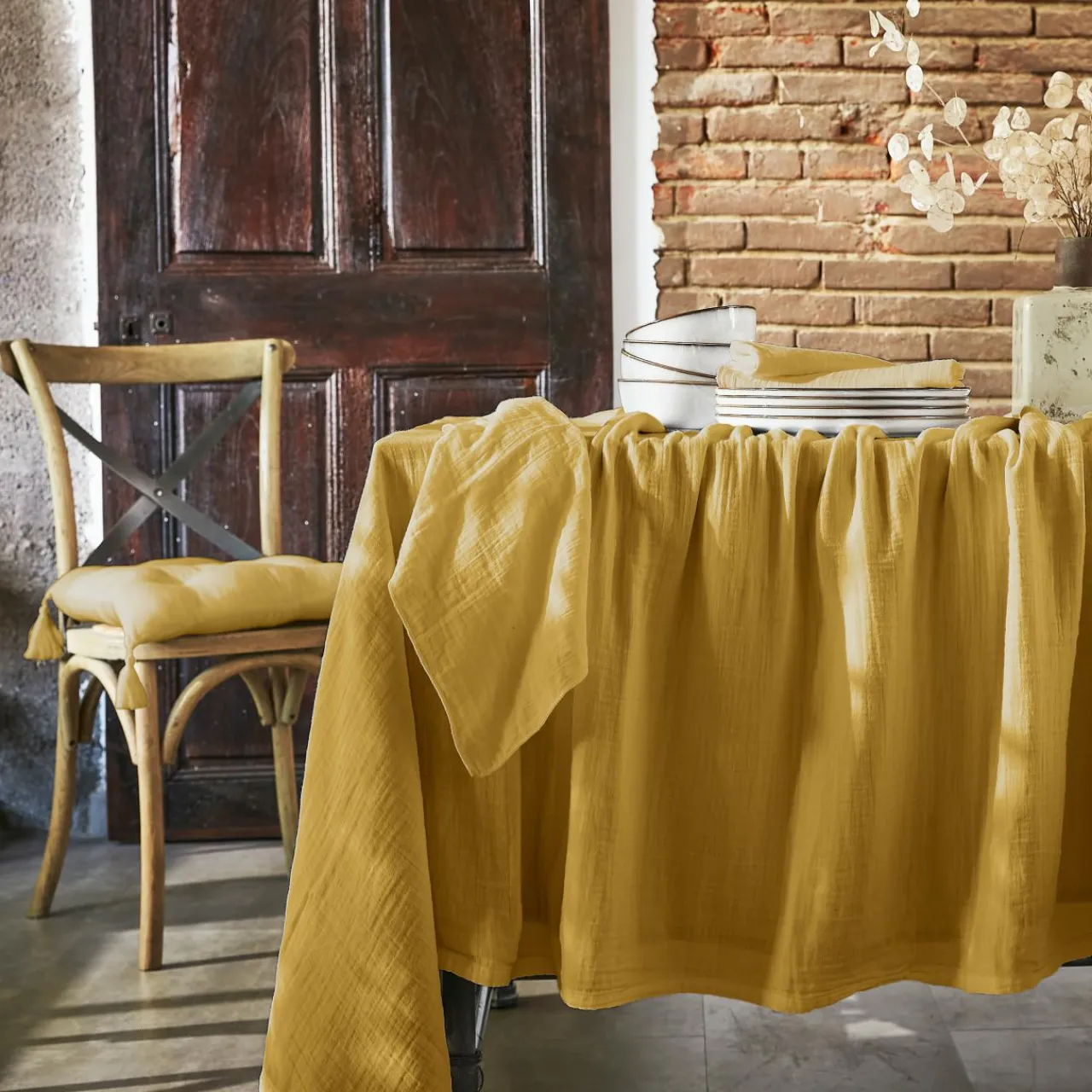 Nappe De Table|EMINZA Nappe rectangulaire gaze de coton (150 x 250 cm) Gaïa Jaune safran