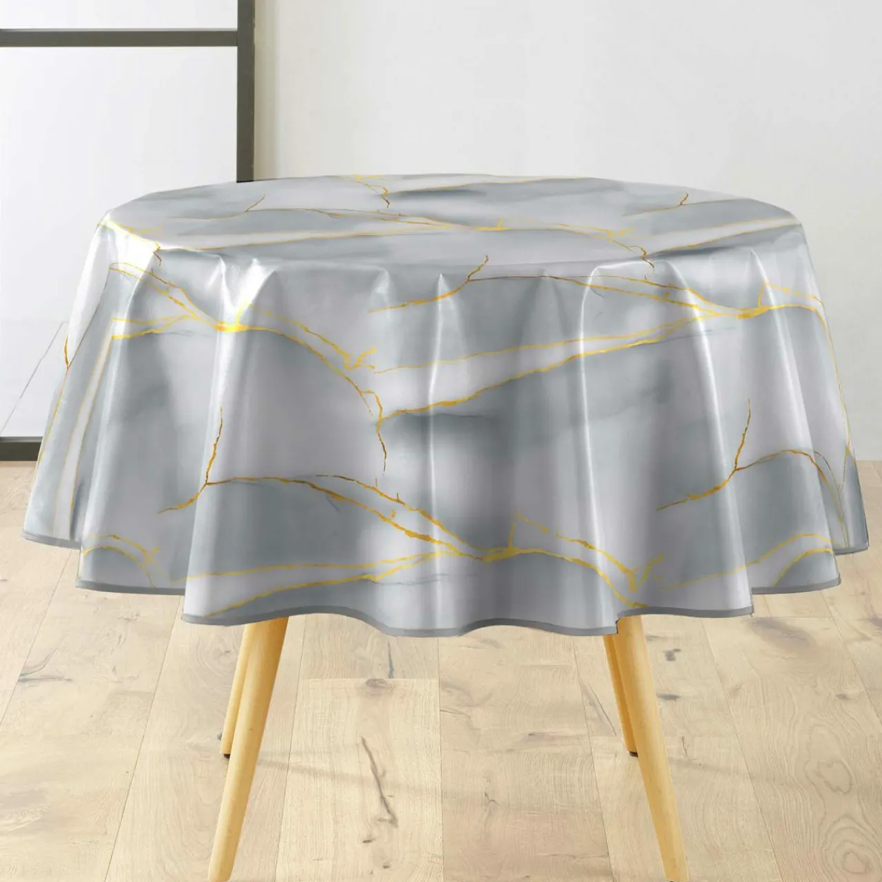 Nappe De Table|douceur d'intu017drieur Nappe ronde enduite PVC (160 cm) Marbrelle e Gris