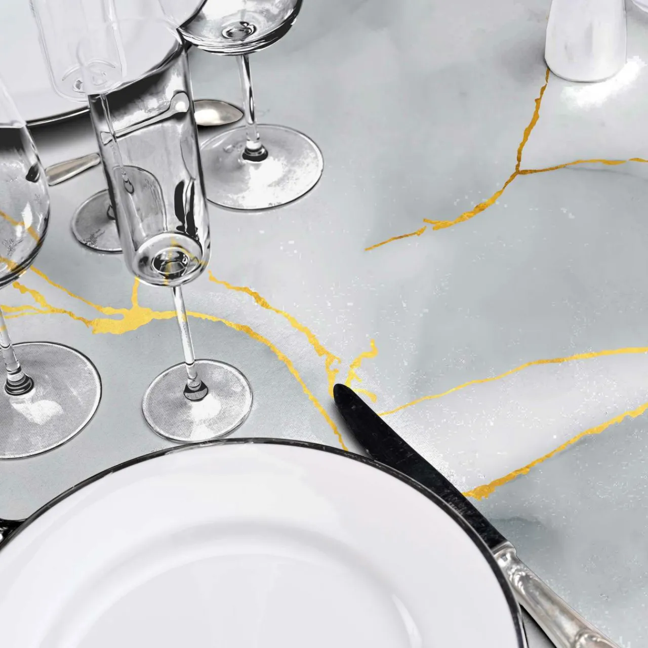 Nappe De Table|douceur d'intu017drieur Nappe ronde enduite PVC (160 cm) Marbrelle e Gris