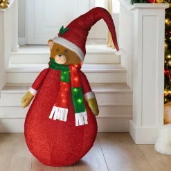 Personnage, Objet Grand Format|Père Noël, Animaux Et Personnage|KOOPMAN Ours lumineux à piles (H120 cm) Pliable pailleté Rouge