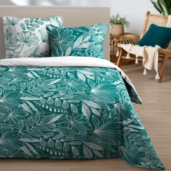 Parure De Lit|STOF Parure de draps en coton 4 pièces (240 x 300 cm) Douala Bleu pétrole