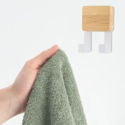 Rangement Salle De Bain|TENDANCE Patère adhésive carrée Crochet double 3M Bambou Blanc