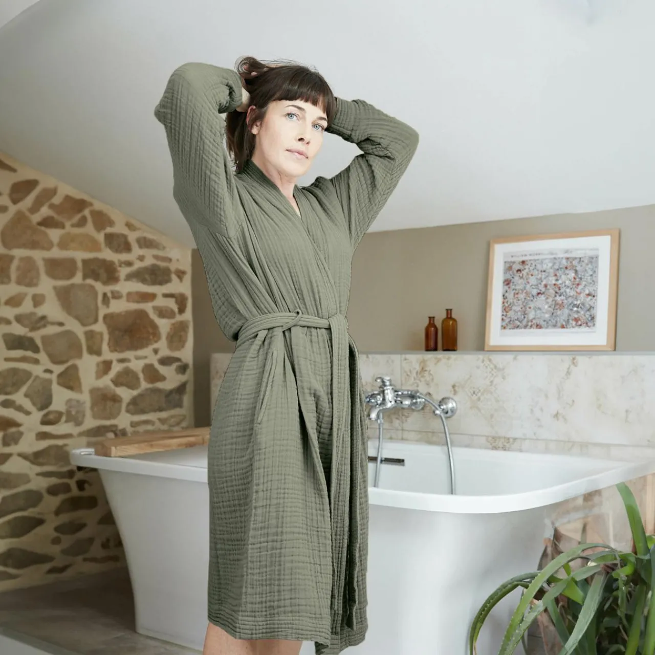 Linge De Bain|Peignoir|EMINZA Peignoir de bain gaze de coton L/XL Gaïa Vert romarin