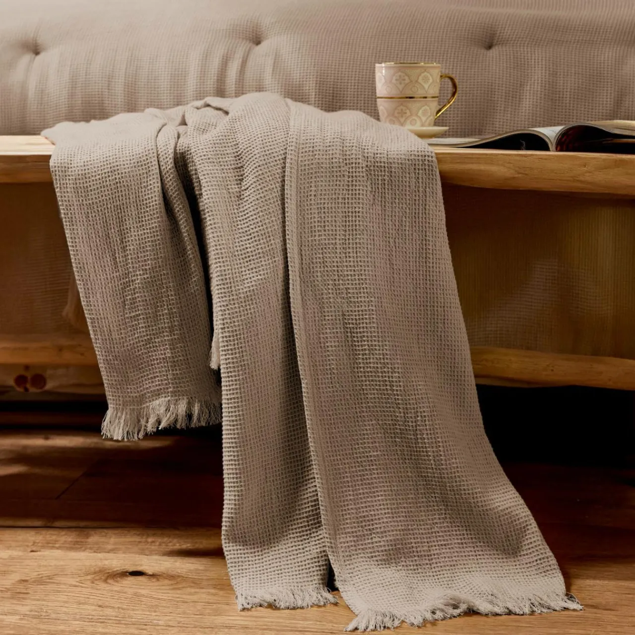 Plaid Et Jeté|EMINZA Plaid coton nid d'abeille (180 x 220 cm) Eva Ficelle