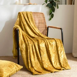 Plaid Et Jeté|EMINZA Plaid doux flanelle (125 x 150 cm) Flore Jaune moutarde