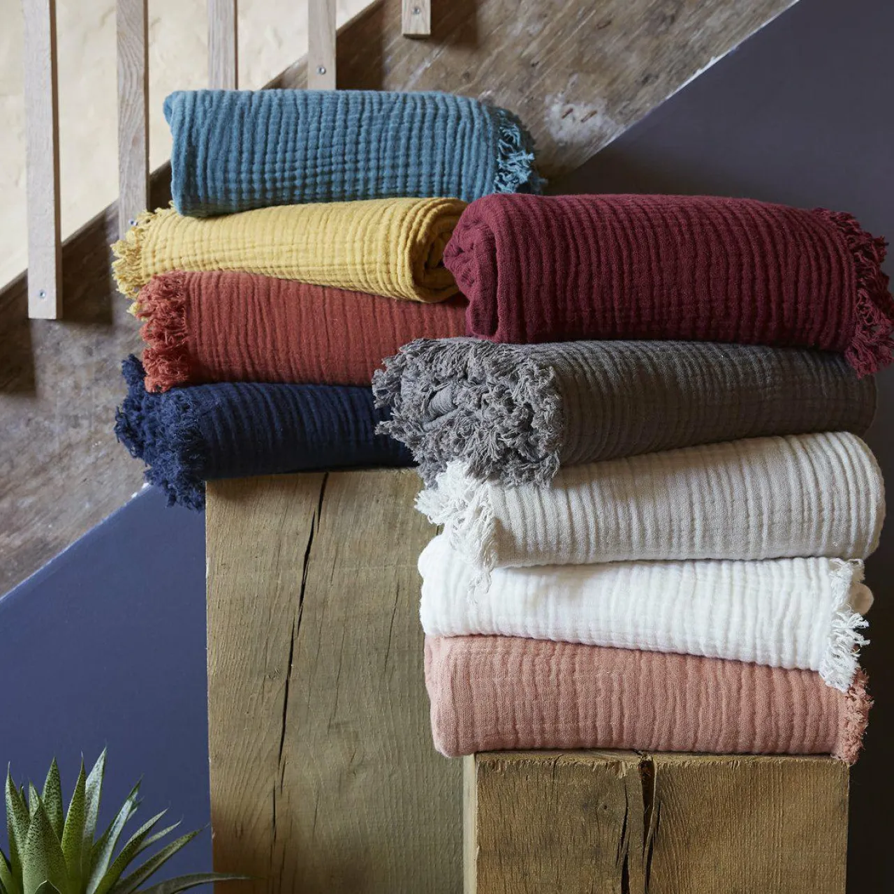 Plaid Et Jeté|Couvre-Lit Et Édredon|EMINZA Plaid gaze de coton (130 x 160 cm) Gaïa Rose Pêche