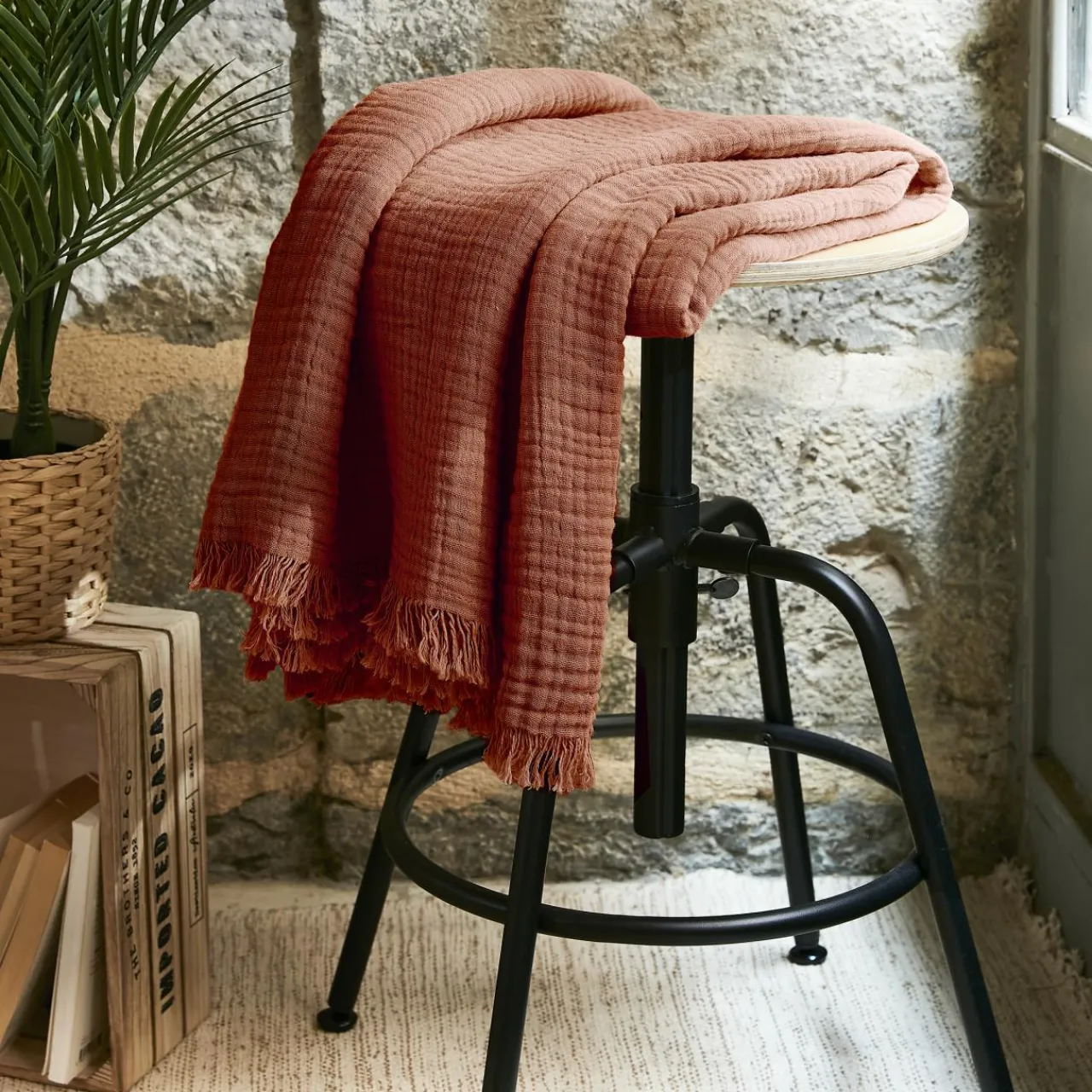 Plaid Et Jeté|Couvre-Lit Et Édredon|EMINZA Plaid gaze de coton (130 x 160 cm) Gaïa Terracotta