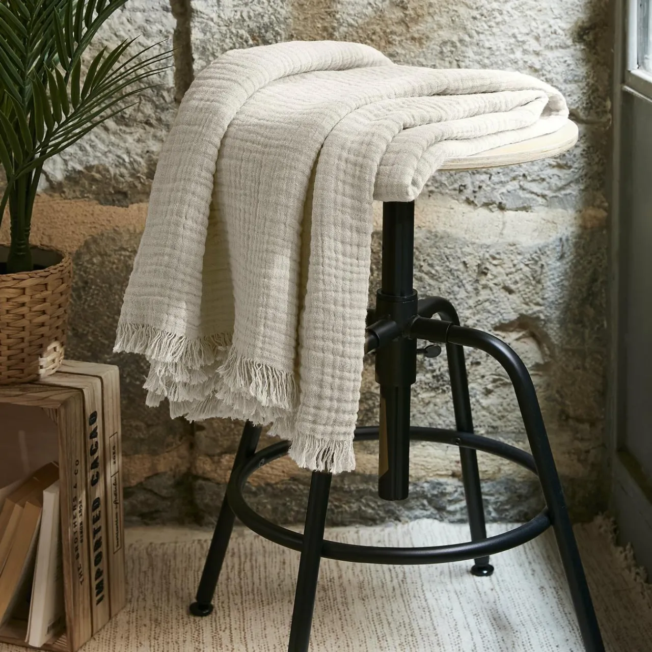 Plaid Et Jeté|Couvre-Lit Et Édredon|EMINZA Plaid gaze de coton (130 x 160 cm) Gaïa pampa Beige
