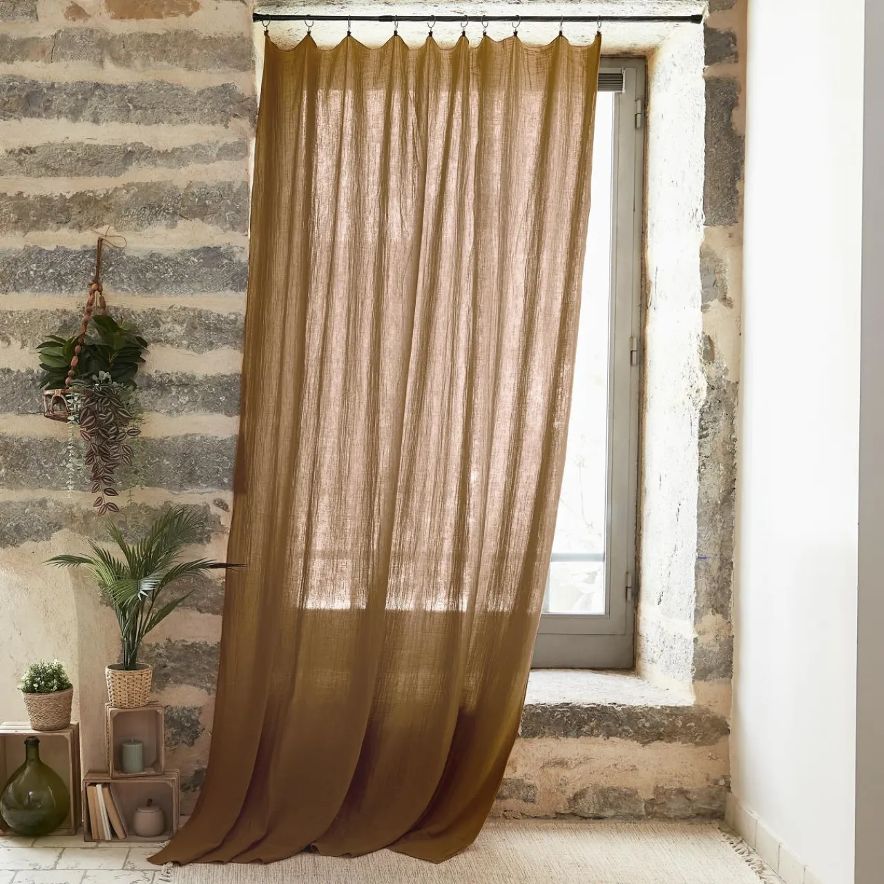 Rideau|EMINZA Rideau gaze de coton ajustable (140 x max 300 cm) Gaïa Camel