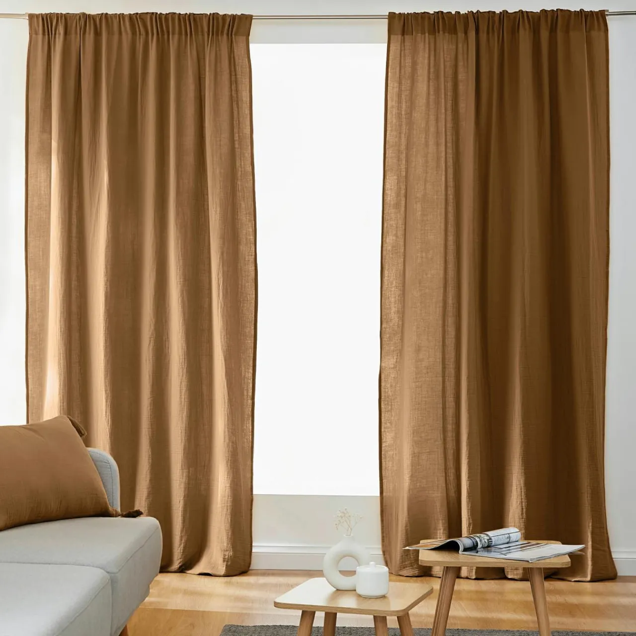 Rideau|EMINZA Rideau gaze de coton galon fronceur (180 x 240 cm) Gaïa Camel