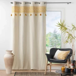 Rideau|DOUCEUR D'INTERIEUR Rideau oeillets pompons (140 x 240 cm) Isalina Jaune