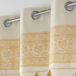 Rideau|DOUCEUR D'INTERIEUR Rideau oeillets pompons (140 x 240 cm) Isalina Jaune