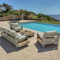 Salon De Jardin|MOBELLIA Salon de jardin aluminium et bois teck 5 places Antibes Crème Beige