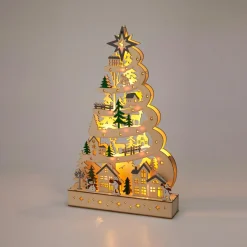 Déco Et Objet De Noël|Village De Noël En Bois|KOOPMAN Sapin de Noël lumineux en bois 15 LED (H45 cm) Conte de Neige Naturel
