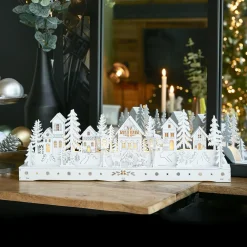 Déco Et Objet De Noël|Village De Noël En Bois|KAEMINGK Scène de vie lumineuse à piles en bois (45 x H15 cm) Village enchanté